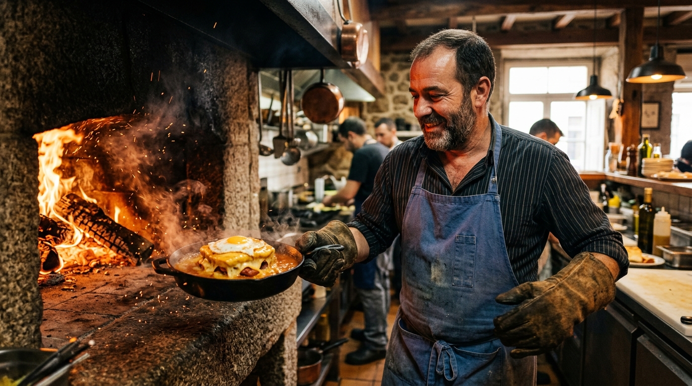 Chef n'A Forja da Francesinha preparando pratos no forno a lenha